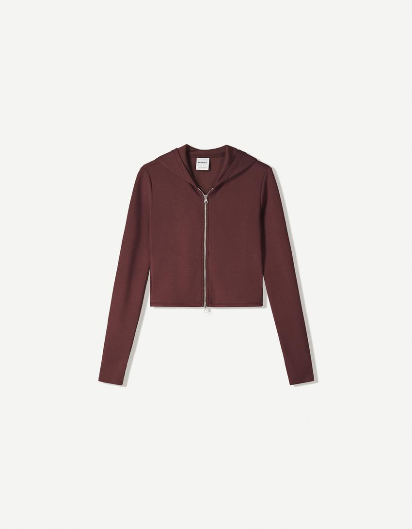 Sweat zippé à capuche en modal doux-Bordeaux