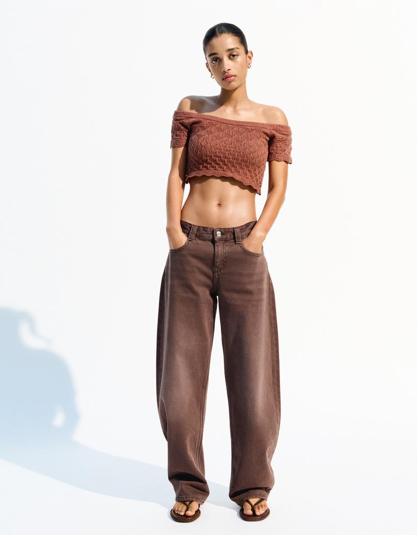Pull manches courtes rustique Bardot-Marron-2