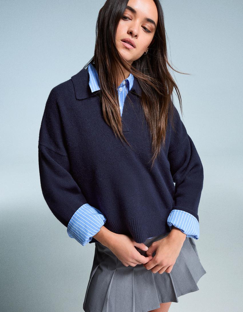 Polo collar sweater-Blue-0
