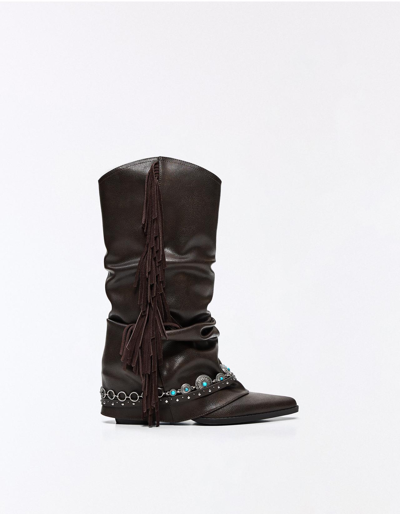 Fringed cowboy heel boots — Brown