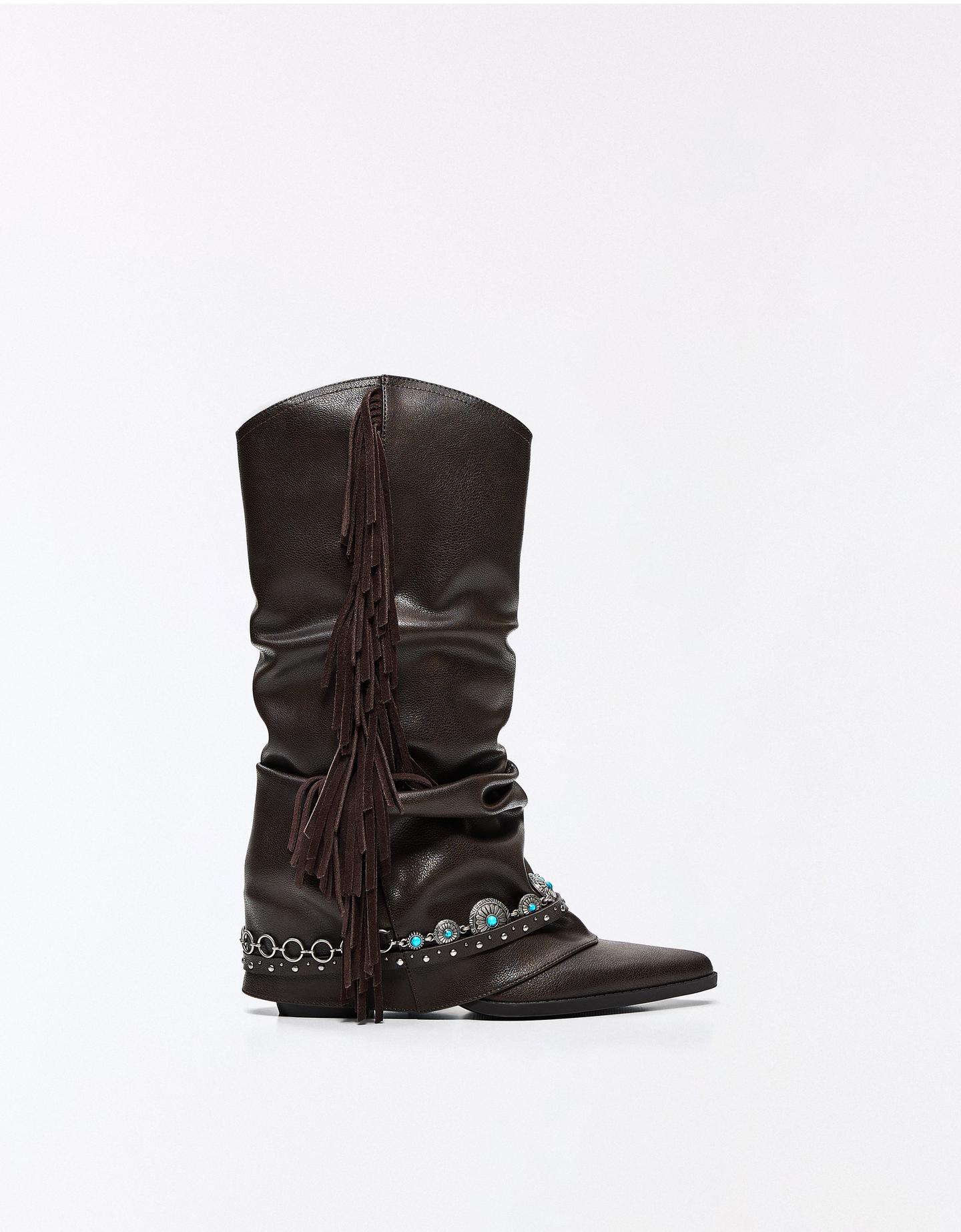 Bershka Bota Tacón Cowboy Flecos Mujer Marrón