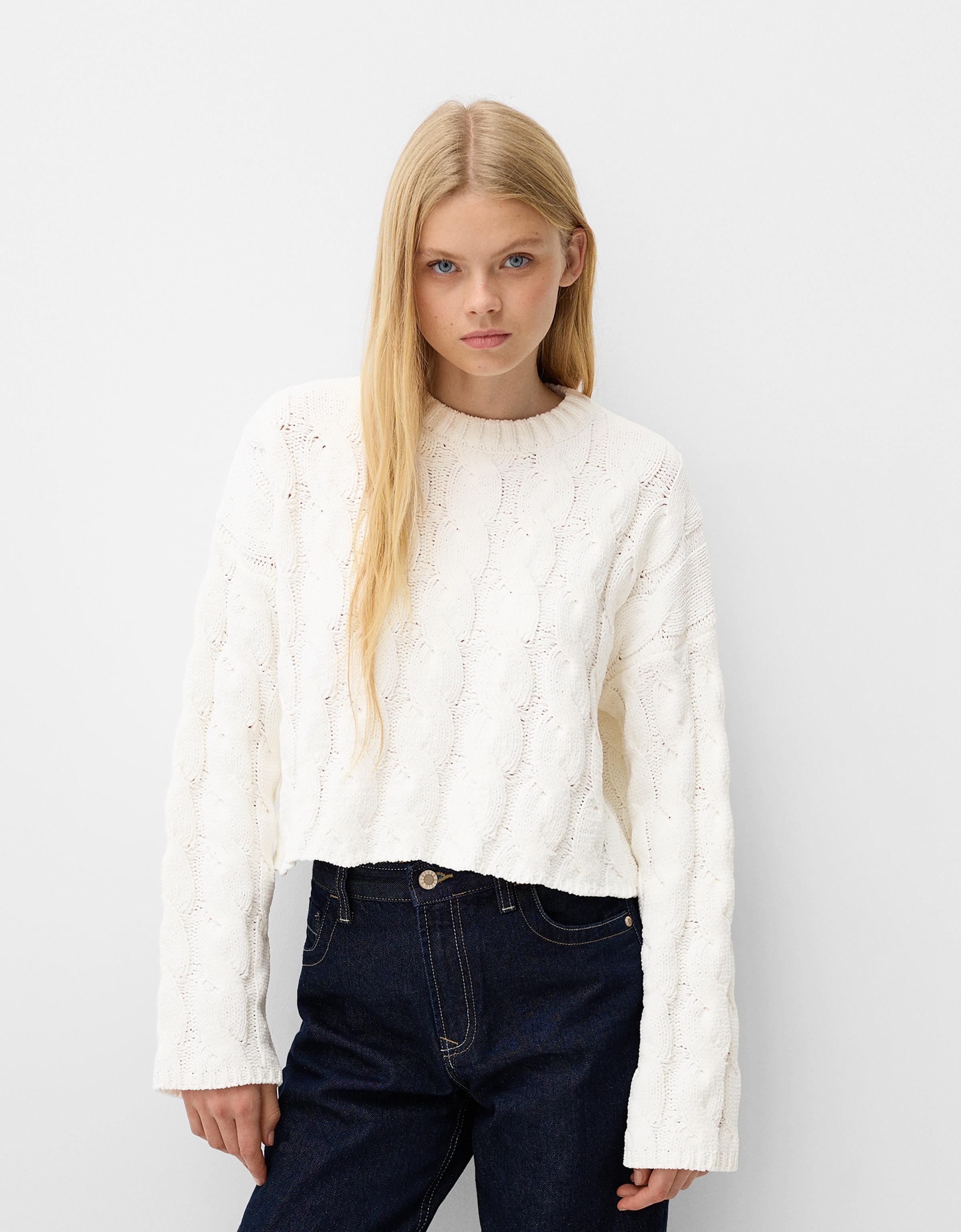 Bershka Chenillepullover Mit Flechtmuster Damen L Rohweiß