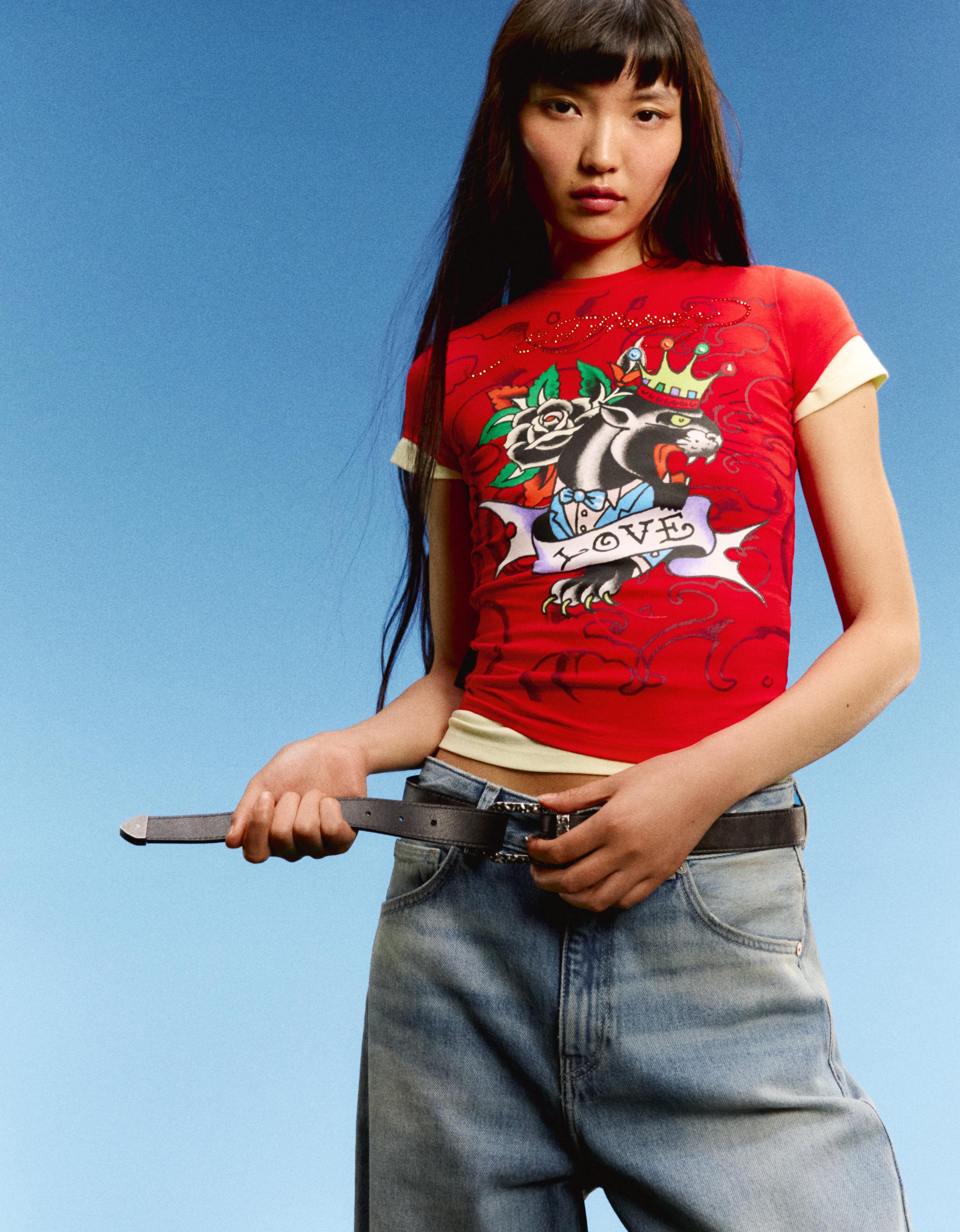 Short sleeve ED HARDY X BERSHKA print T-shirt — Red