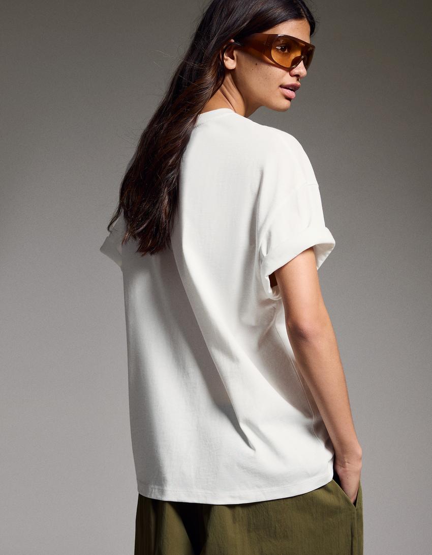 T-shirt manches courtes oversize imprimé-Blanc cassé