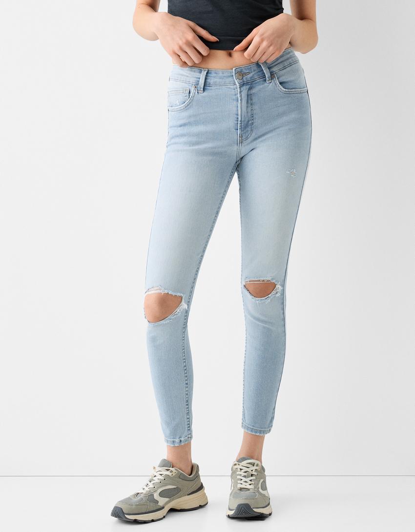 Jean skinny taille basse-Bleu clair-1