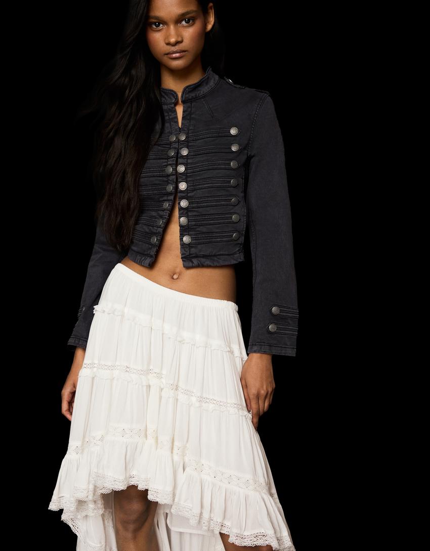 Asymmetric long skirt with lace trim-White