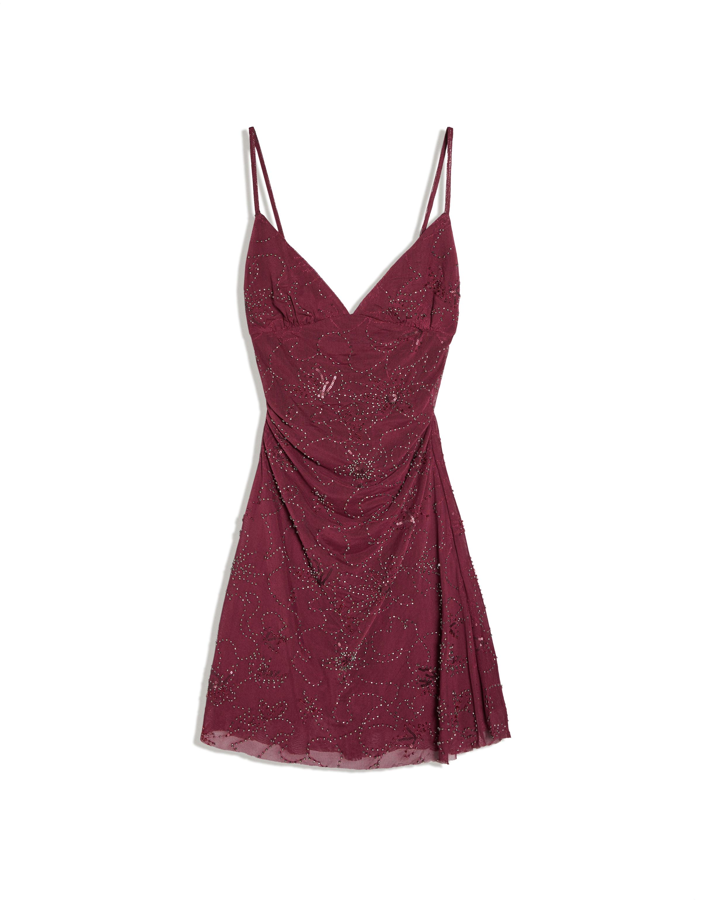 Rhinestone mesh mini dress — Burgundy