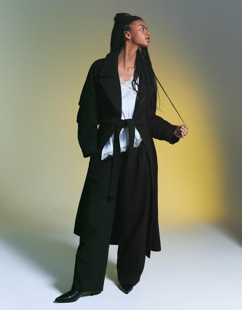 Oversize wool blend coat with belt-Black