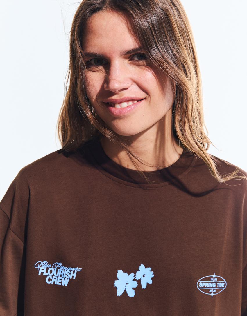 Oversize-T-Shirt mit Print-Braun