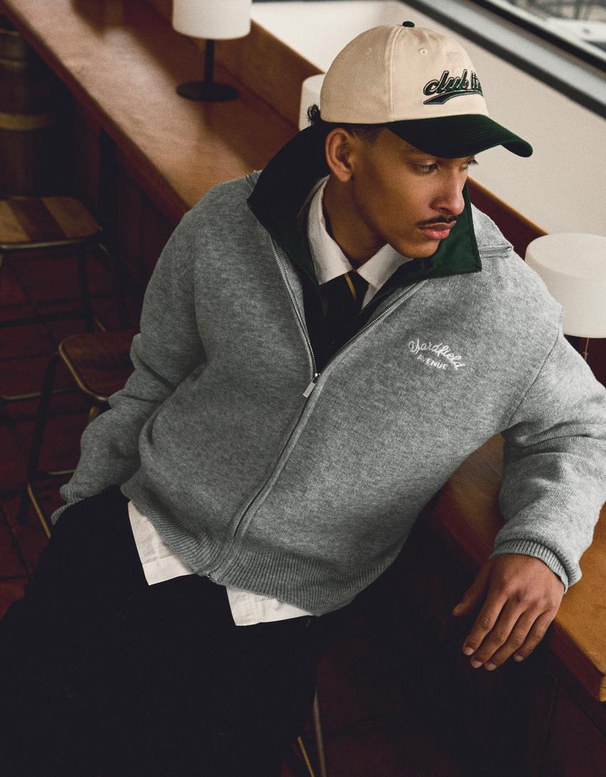 Embroidered zip-up jacket-Grey