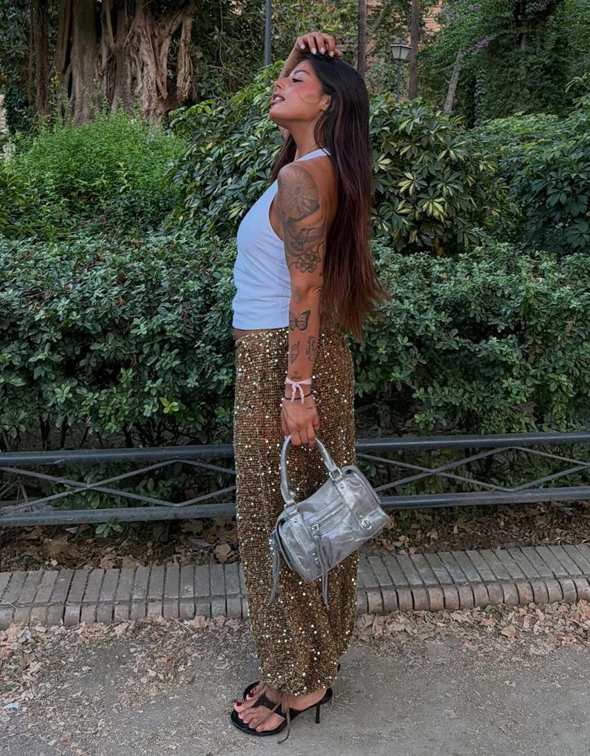 Sequin sarouel trousers-Camel