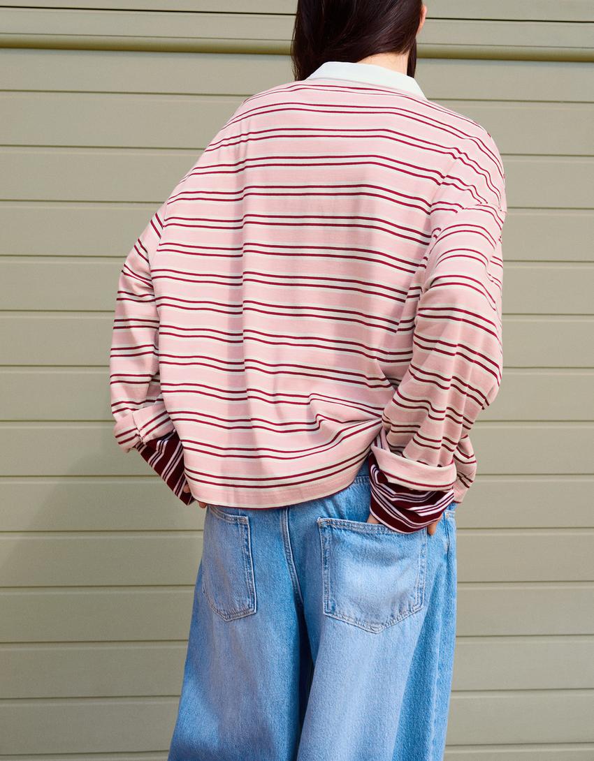 Long sleeve polo collar T-shirt-Pink
