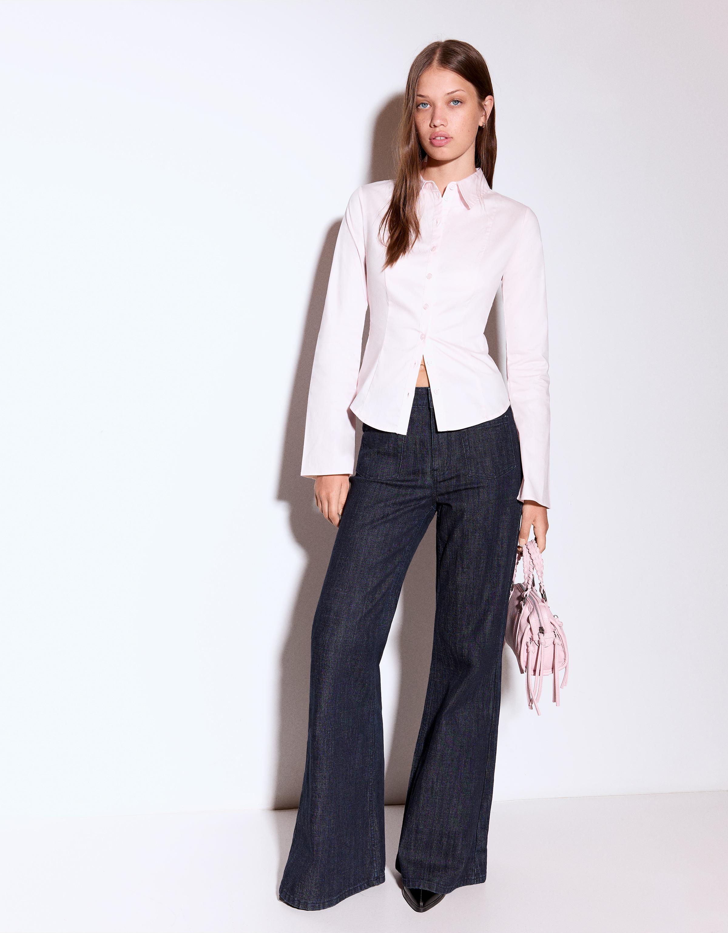 Bershka Figurbetontes Hemd Mit Ärmeln Im Schlaghosen-Stil Damen Xs Rosa