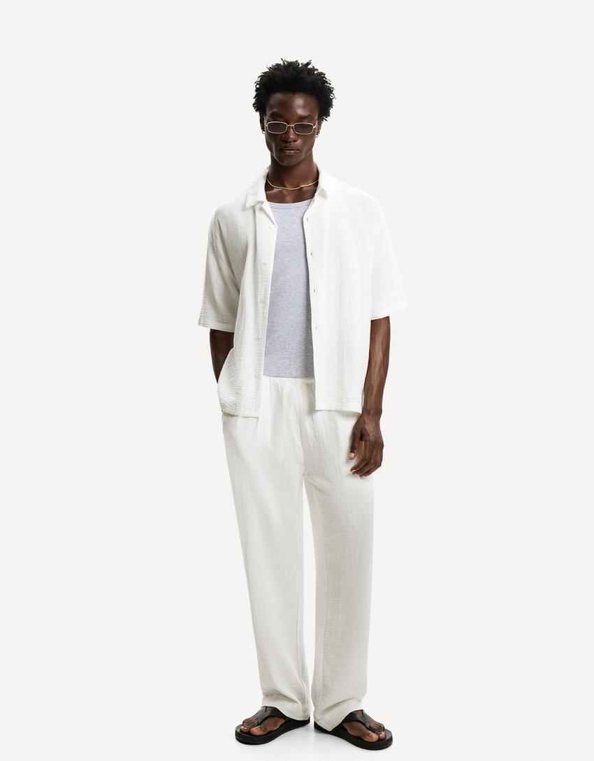 Pantalon wide leg froissé-Blanc
