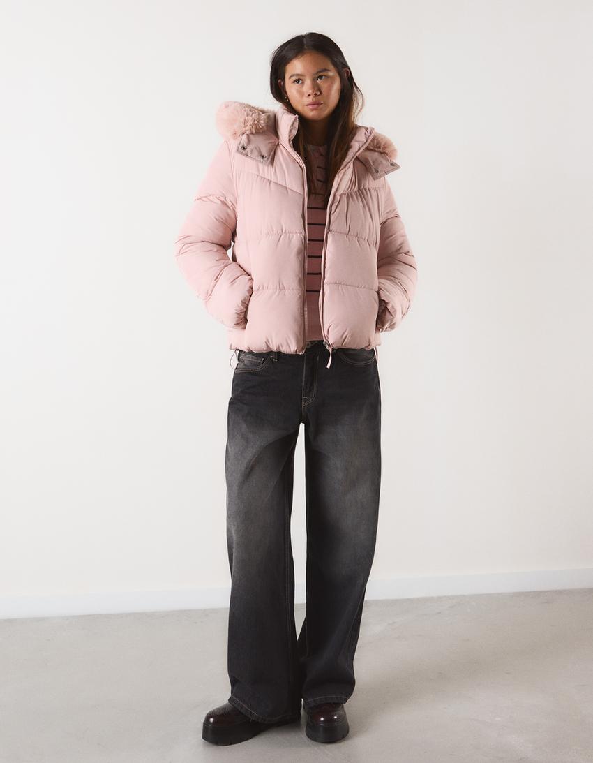 Puffy μπουφάν αδιάβροχο με κουκούλα και γούνα-Ροζ