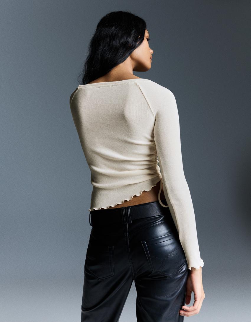 Asymmetric long sleeve ruched T-shirt-Cream
