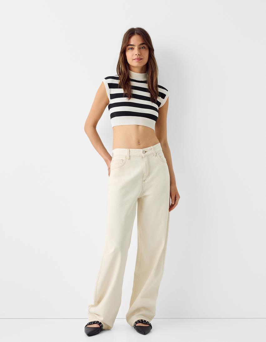 Sleeveless high neck sweater-Cream-3