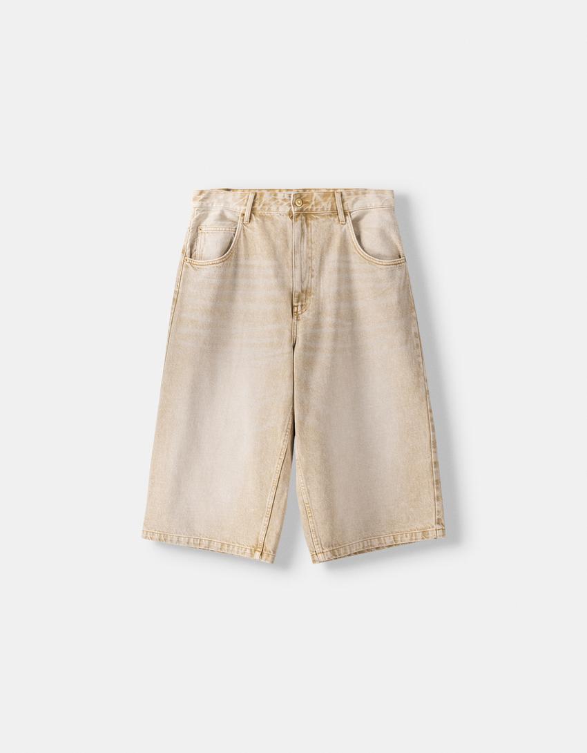 Super baggy denim Bermuda jorts-Cream