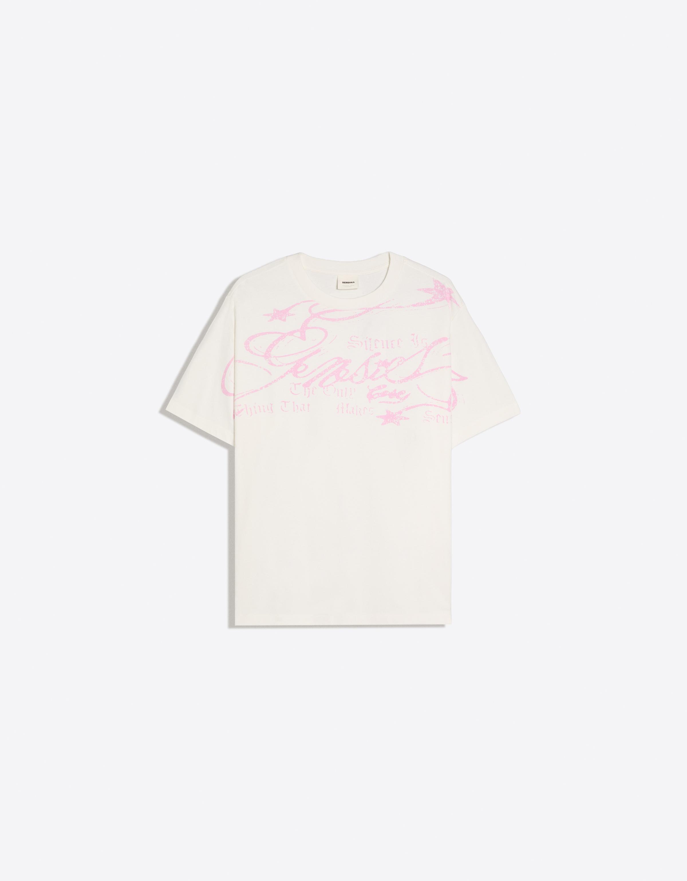 Bershka Camiseta Regular Print Hombre Blanco