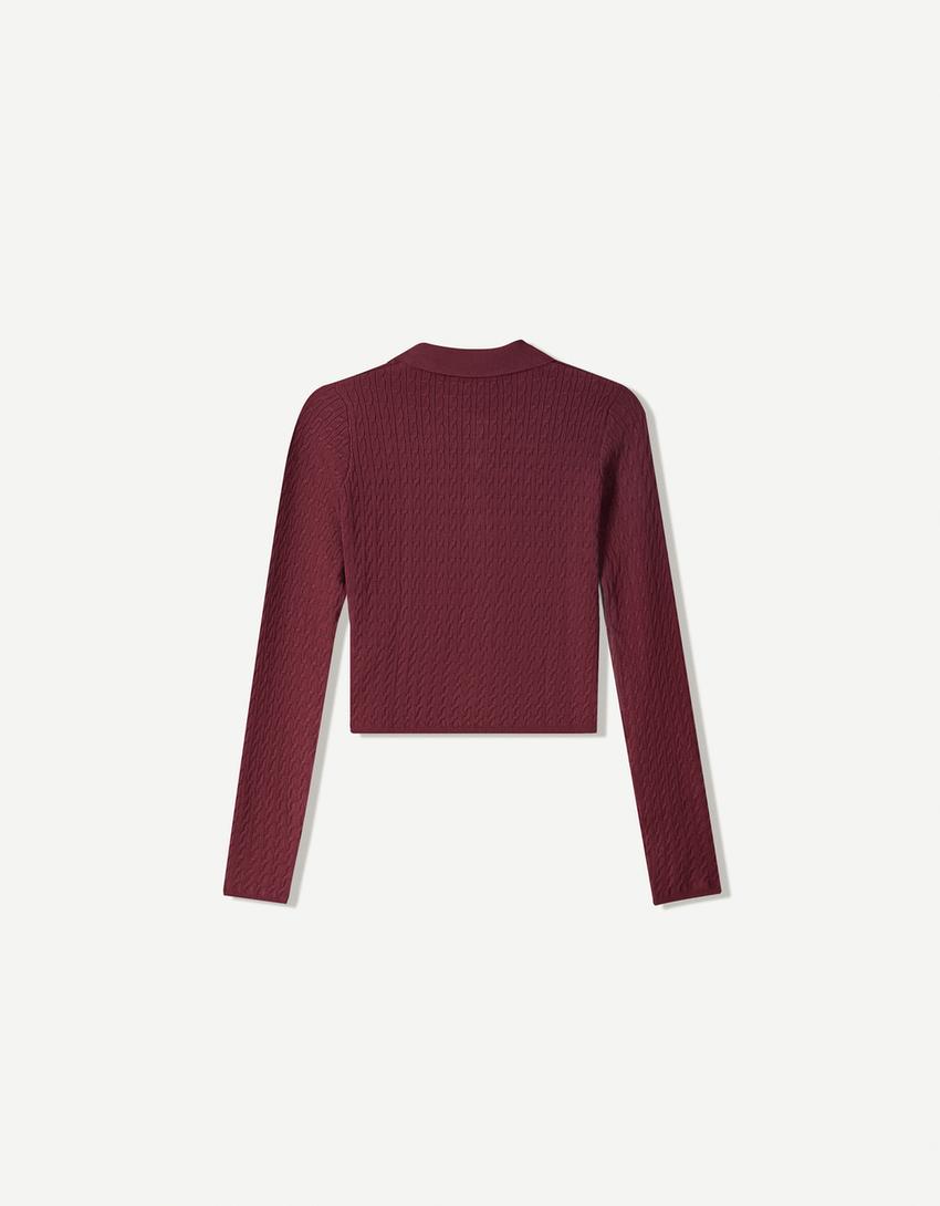 Kabelstickad tröja med tenniskrage-Rödbrun