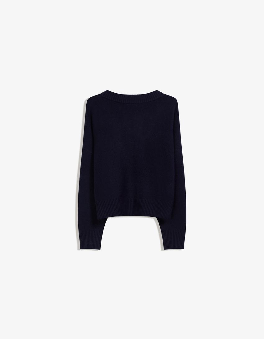 Pull court à col en V-Bleu