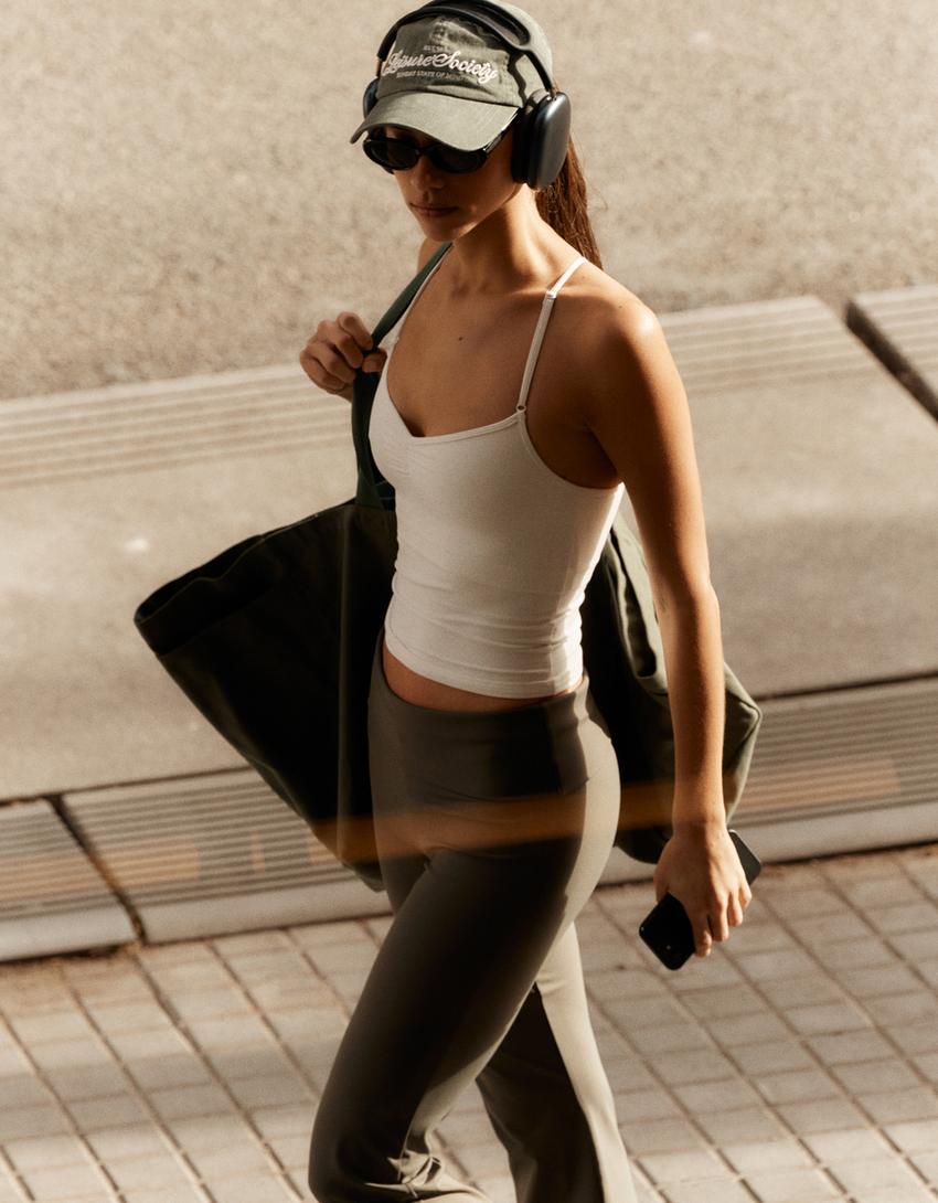 Technical flared trousers with turn-up waist-Moss