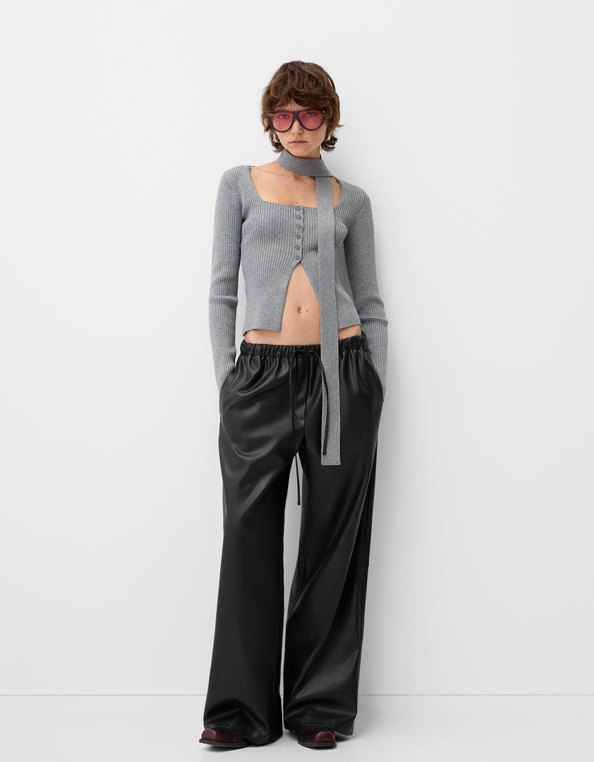 Pantalon large similicuir-Noir-0