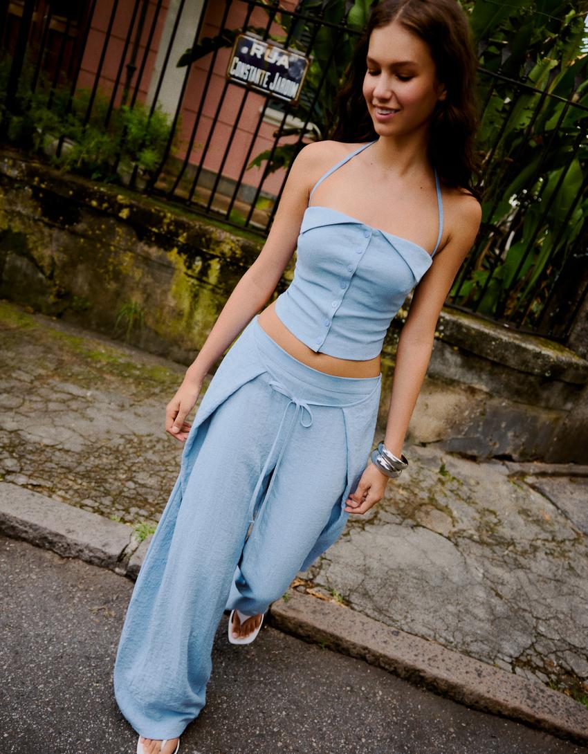 Halter buttoned waistcoat-Light blue