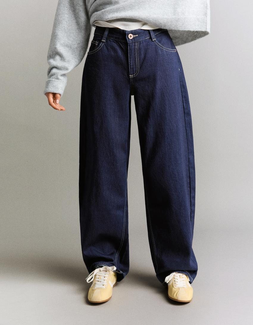 Low-rise baggy barrel jeans-Navy