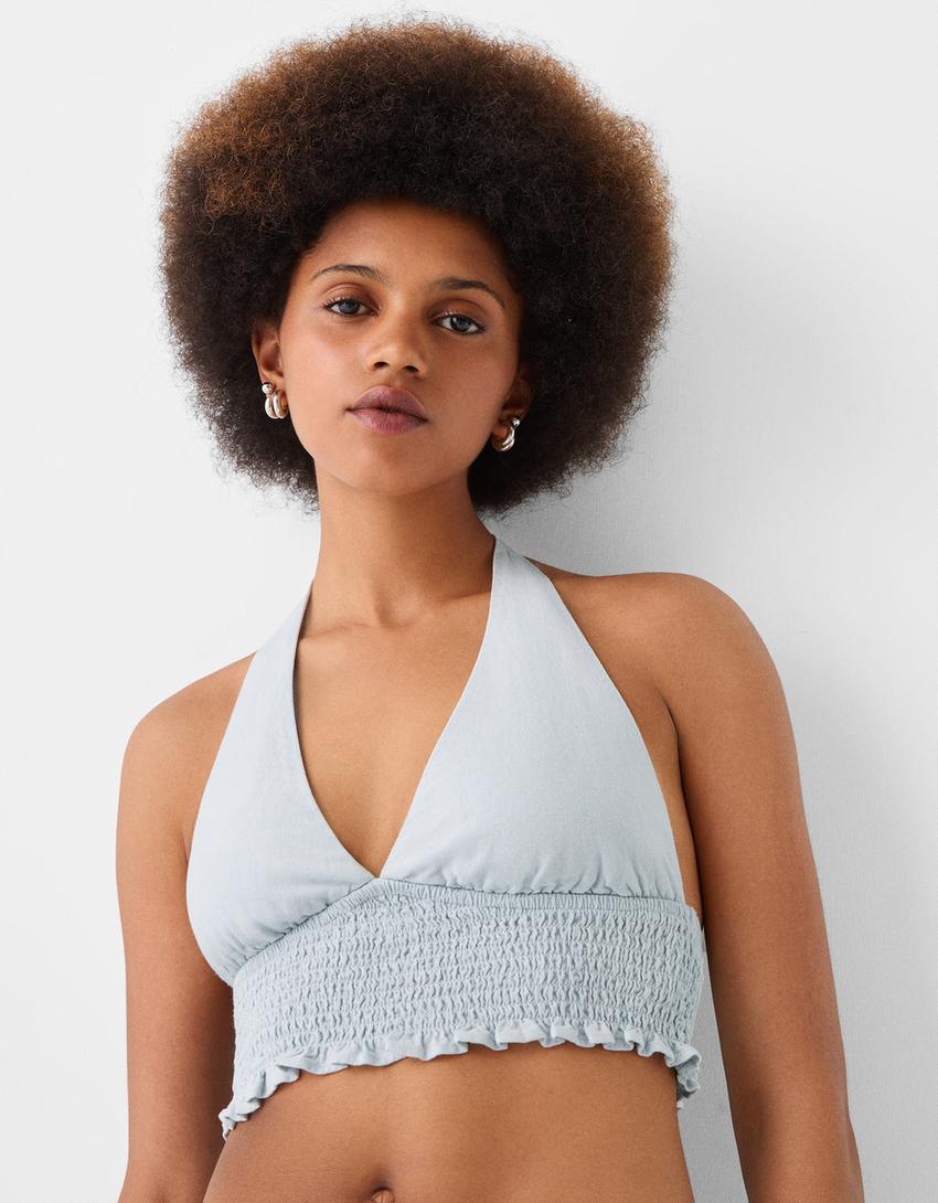 Crop top encolure américaine avec lin-Bleu clair-2