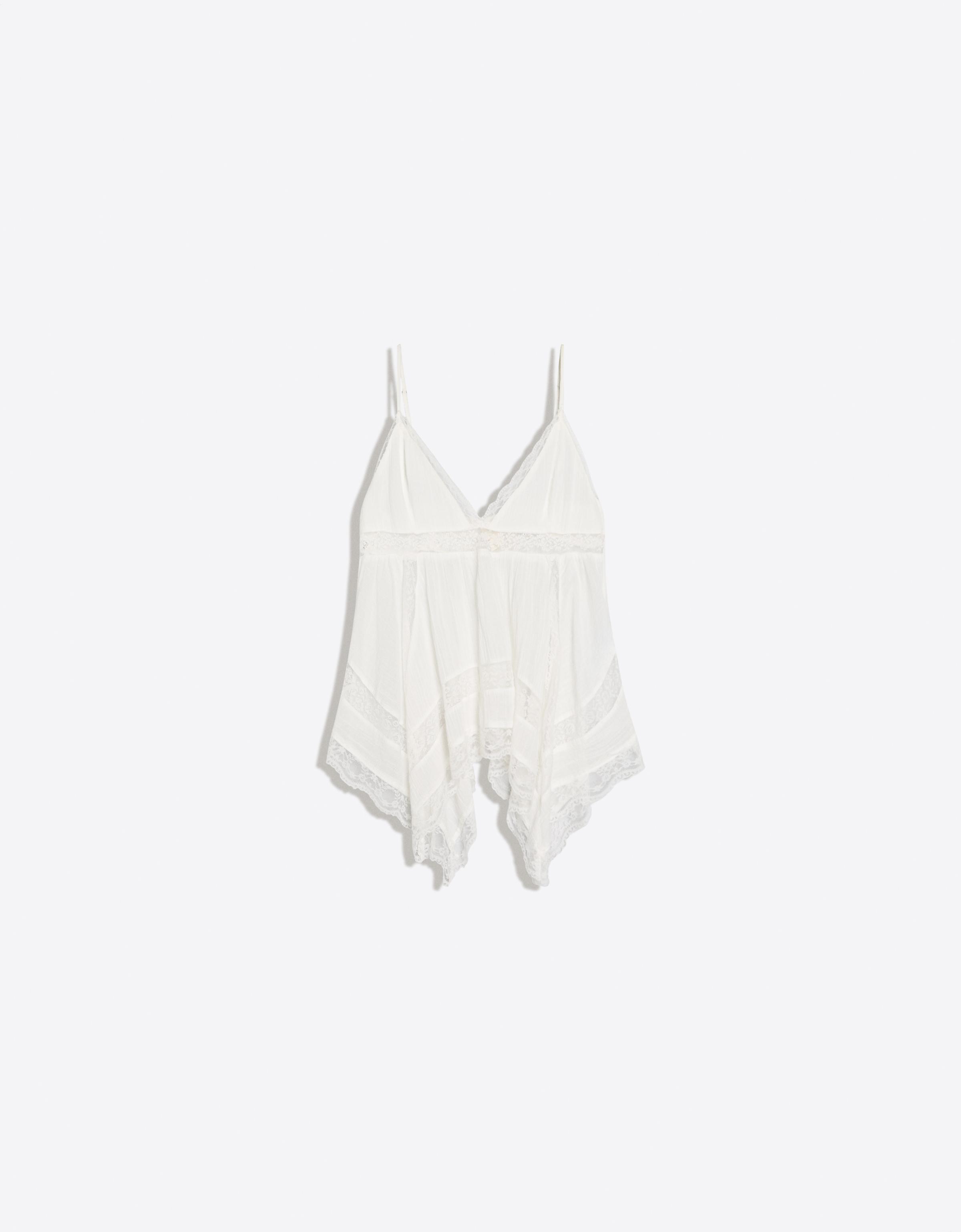 Bershka Top Tirantes Encaje Mujer Blanco