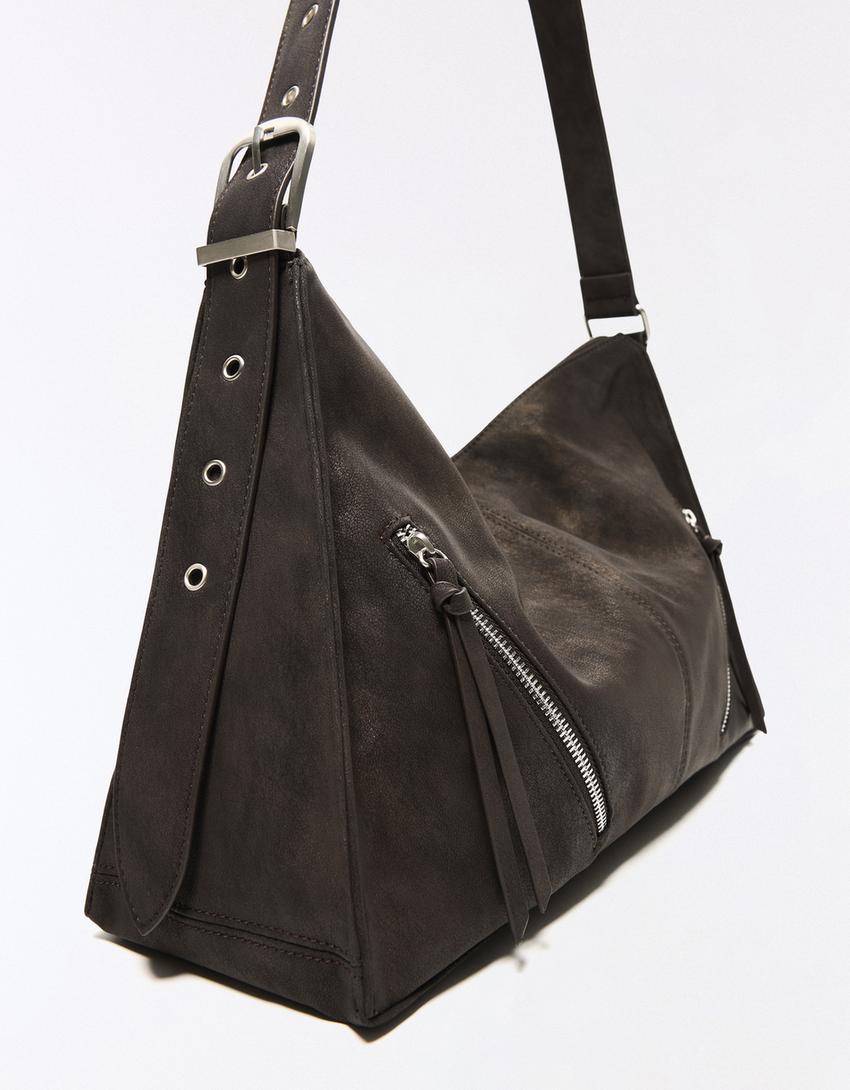 Faux suede bag with zips-Brown
