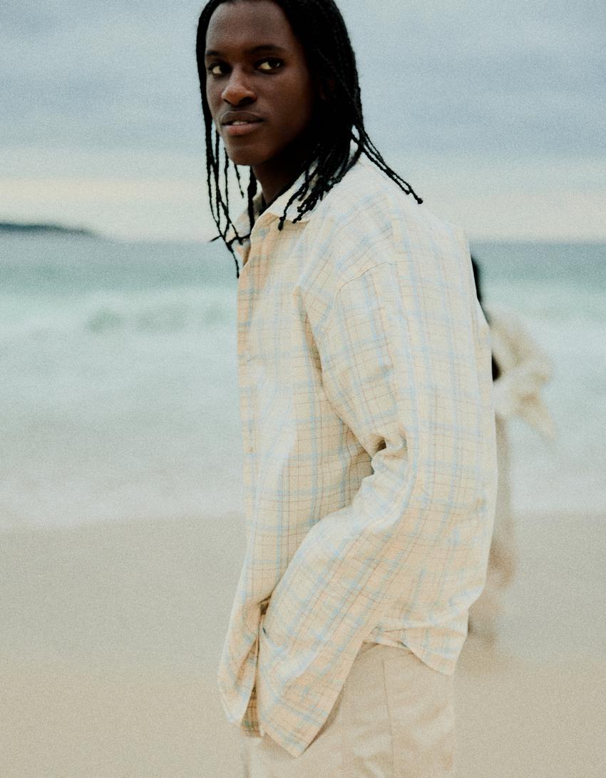 Oversize long sleeve check shirt-Cream