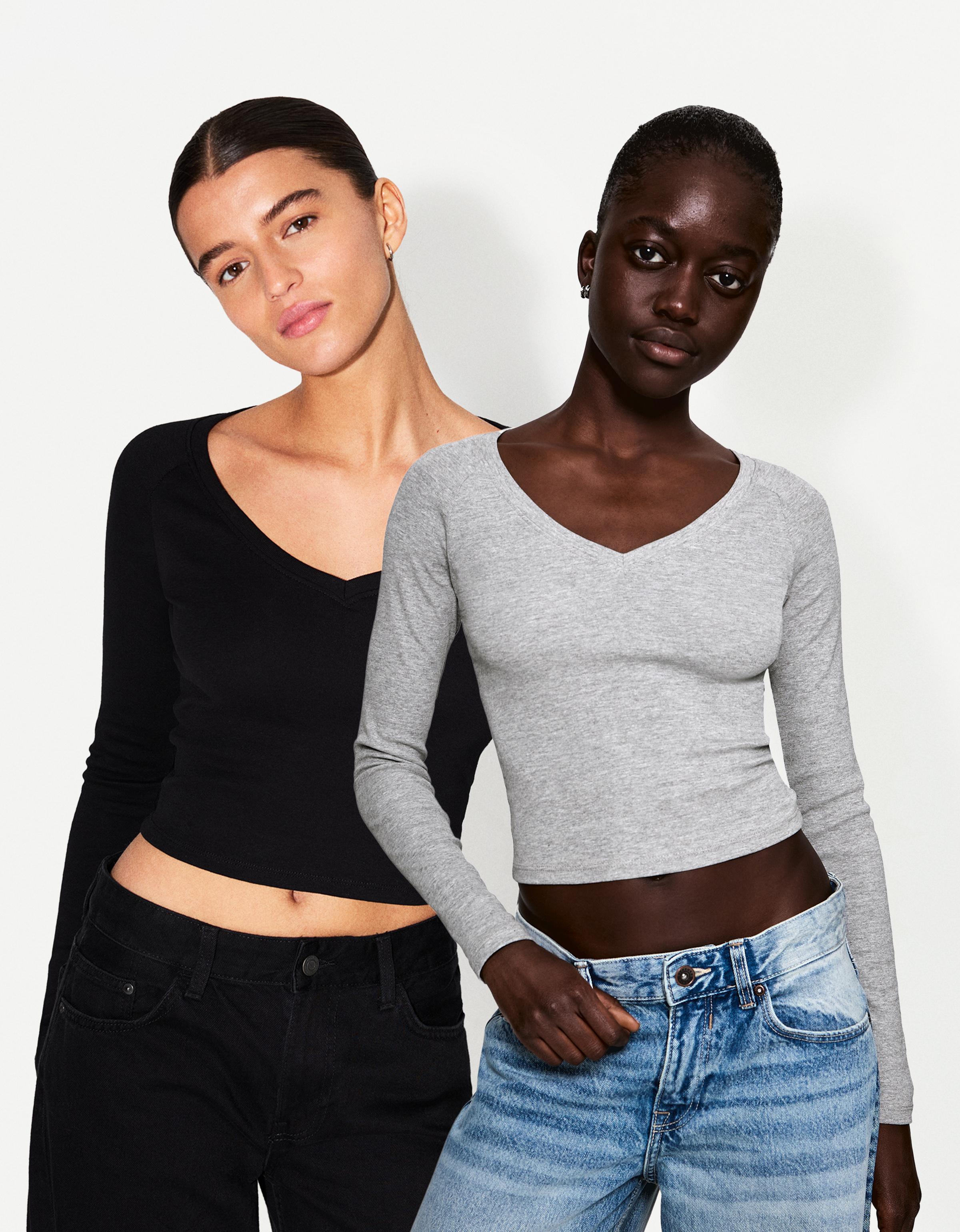 Bershka Doppelpack Langarmshirts Mit V-Ausschnitt Damen L Kombiniert