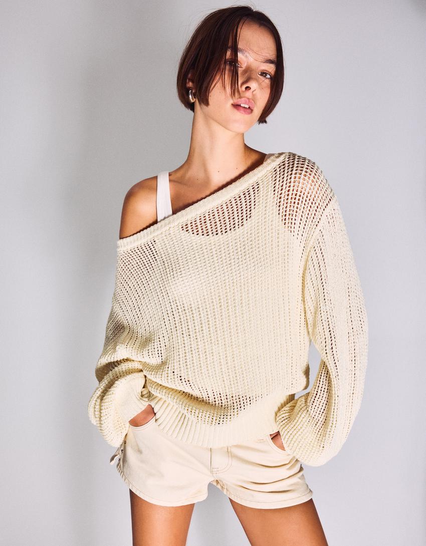 Rustikaler Strickpullover mit Lochmuster-Rohweiß