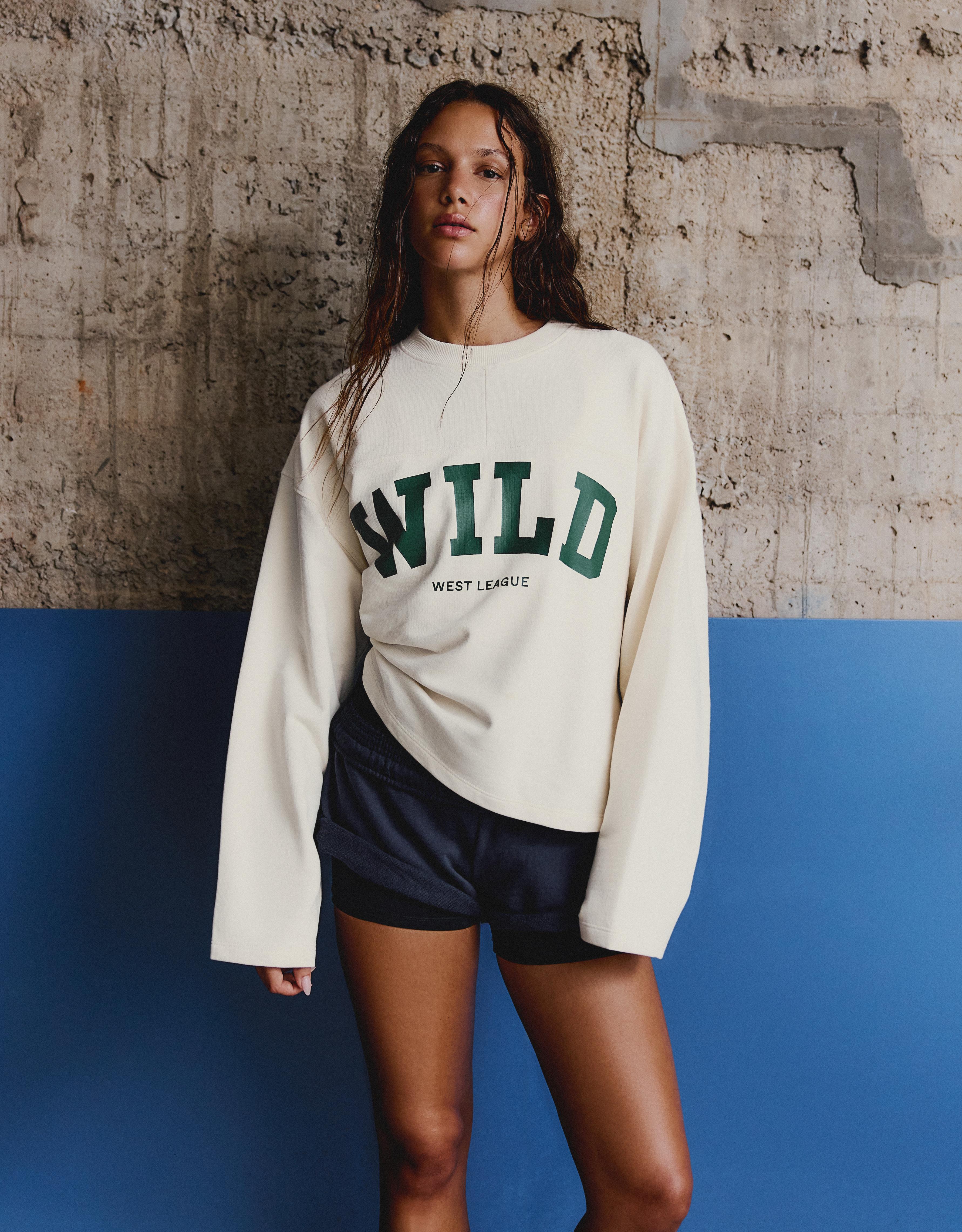 Bershka Sudadera Cuello Redondo Print Mujer Blanco Roto