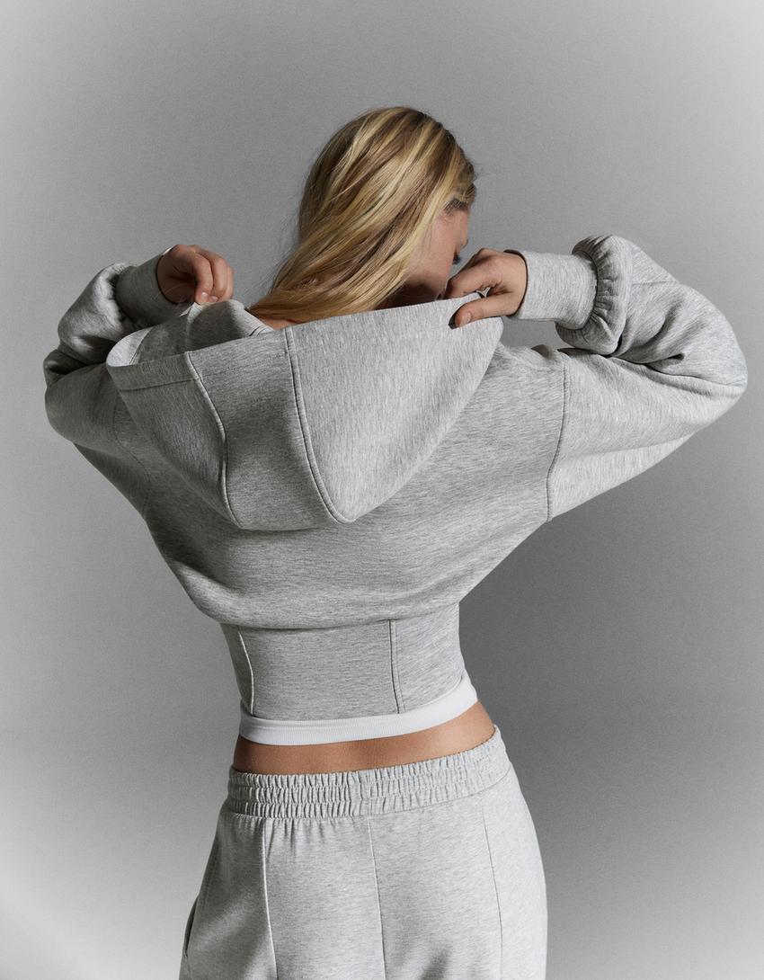 Sudadera cremallera capucha cintura alta-Gris