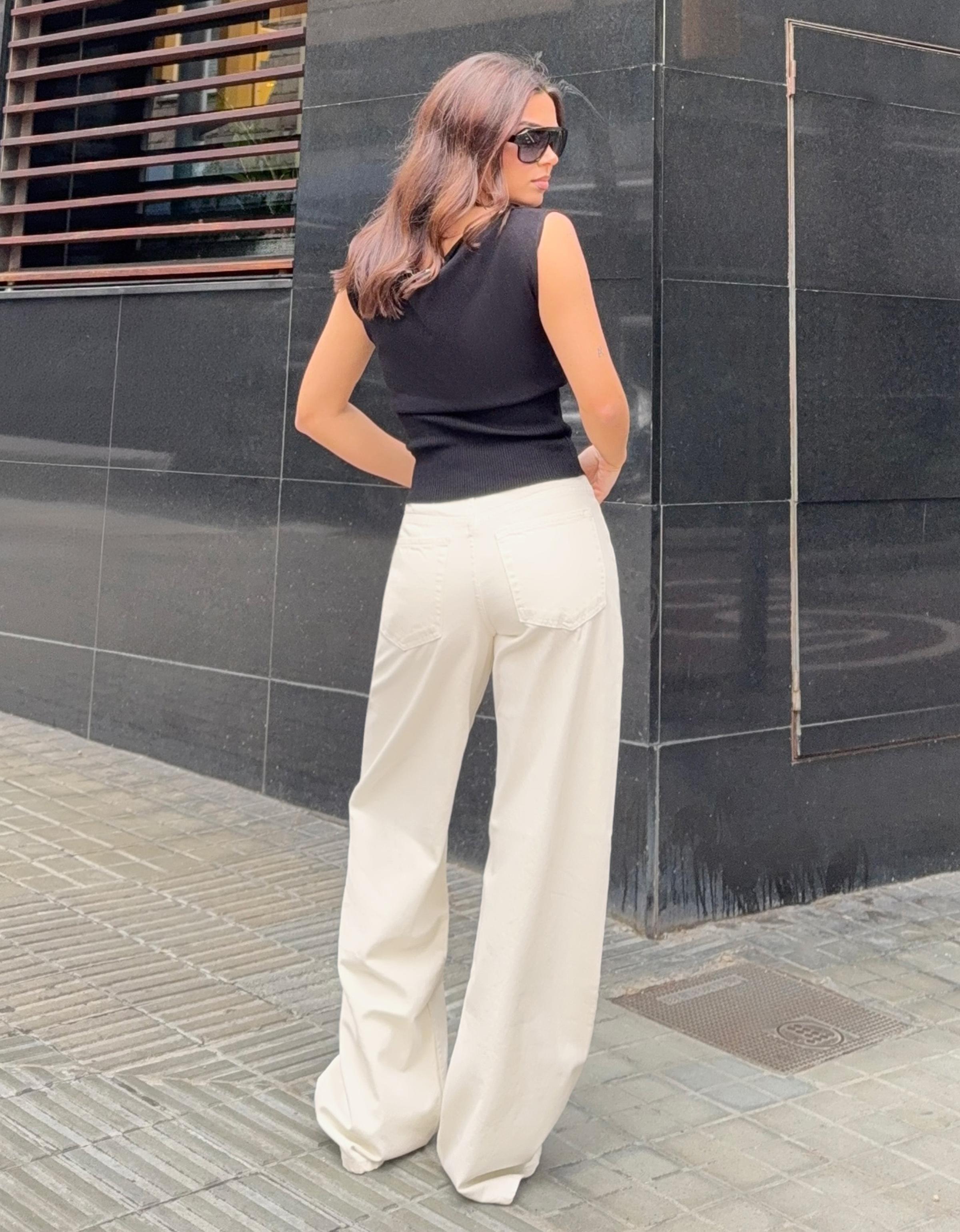 Wide leg jeans with crossover waist — Cream
