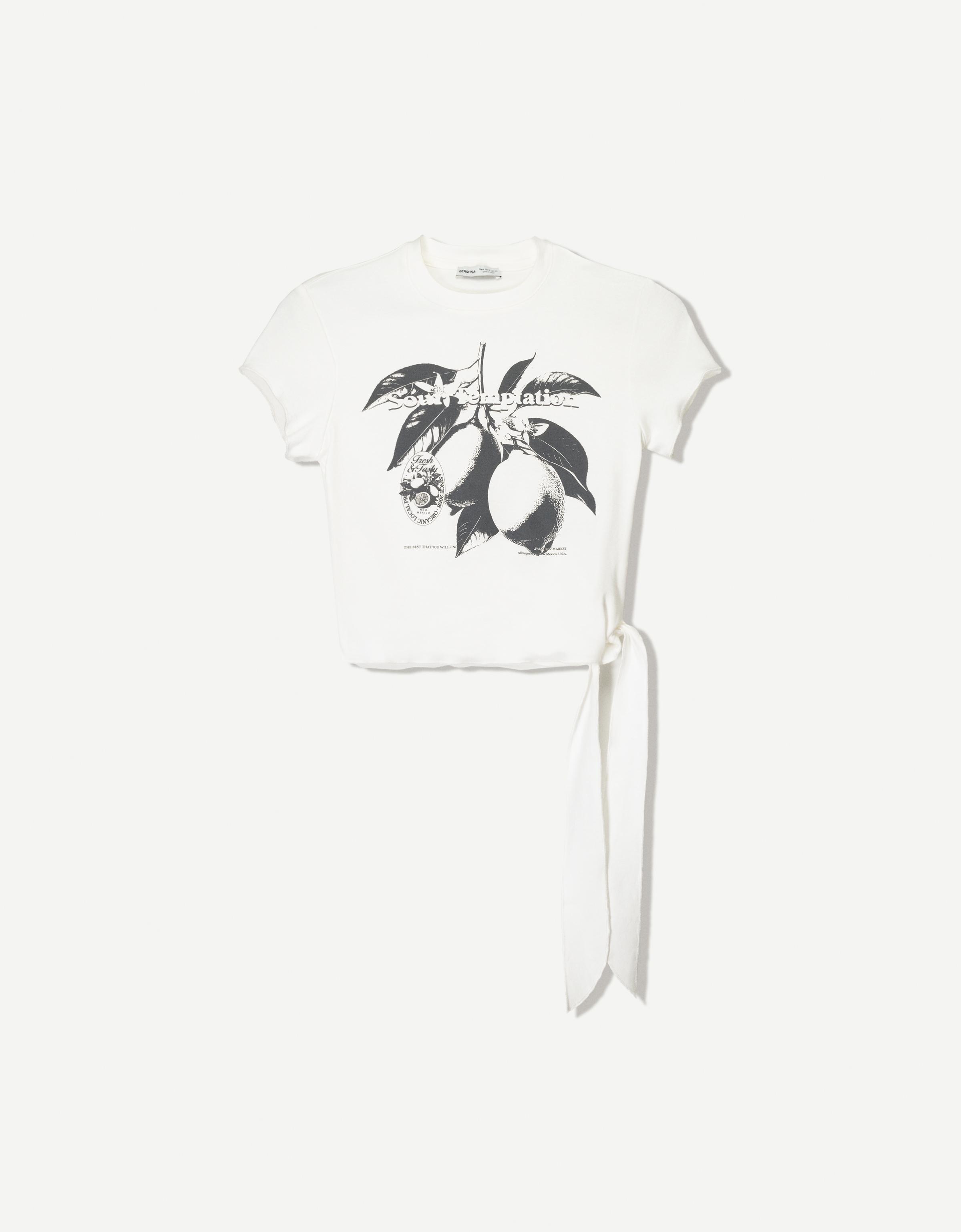 Bershka T-Shirt Mit Kurzen Ärmeln Knoten Und Print Damen L Rohweiß