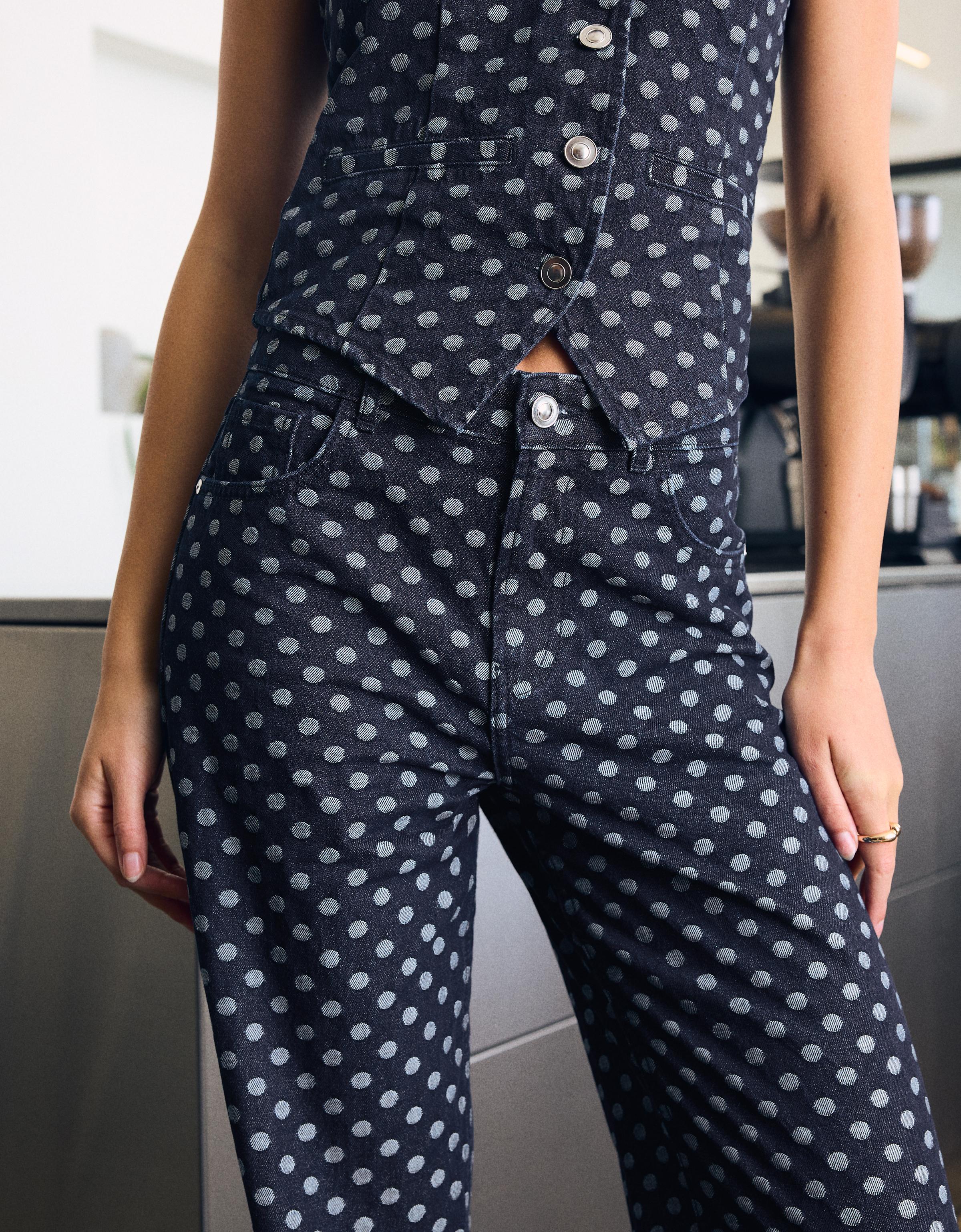 Puantiye desenli yüksek bel straight fit jean - Görsel 15