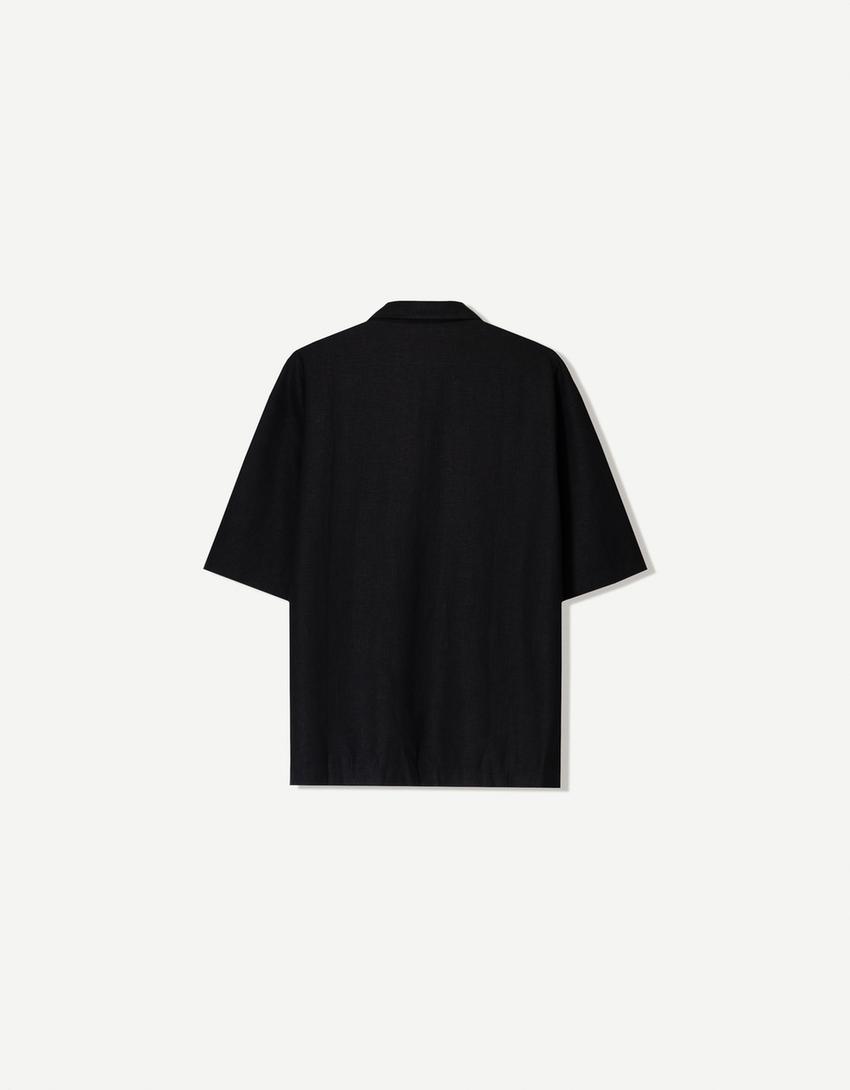 Short sleeve linen blend shirt-Black