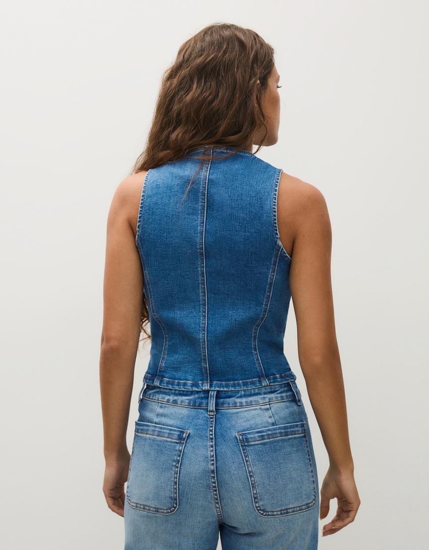 Gilet in denim con bottoni-Azzurro Lavato