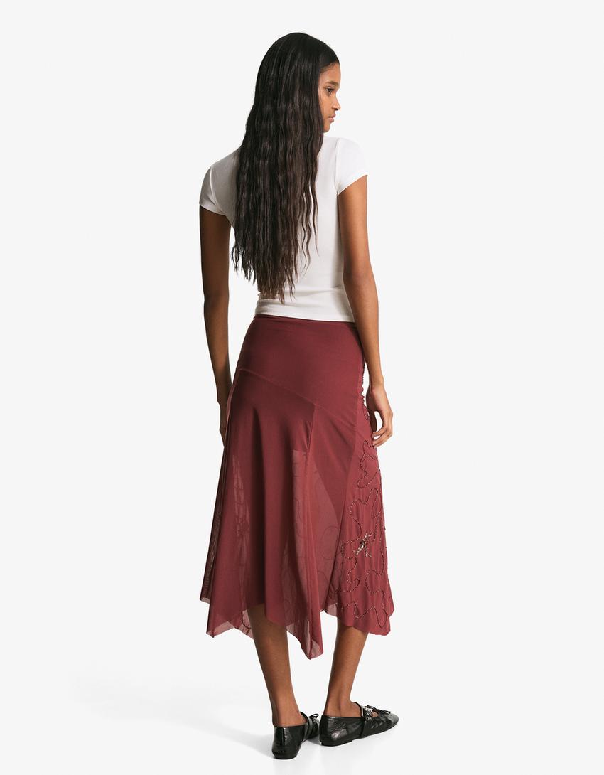 تنورة ميدي غير متماثلة بتطريز لامع-بنفسجي