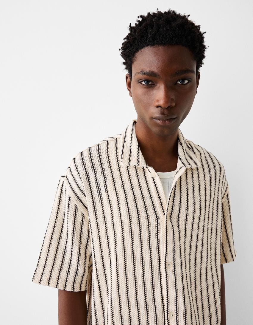 Chemise manches courtes texturée rayures-Blanc / Noir-2