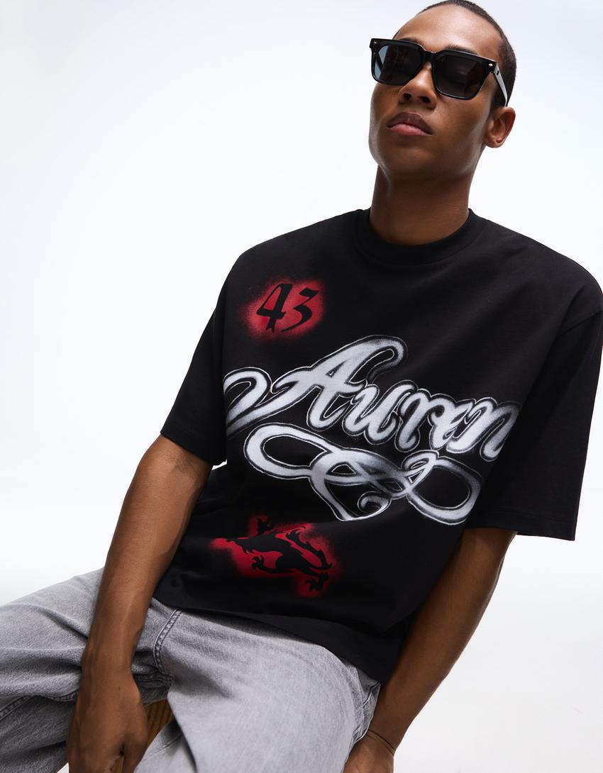 Camiseta manga corta boxy print-Negro