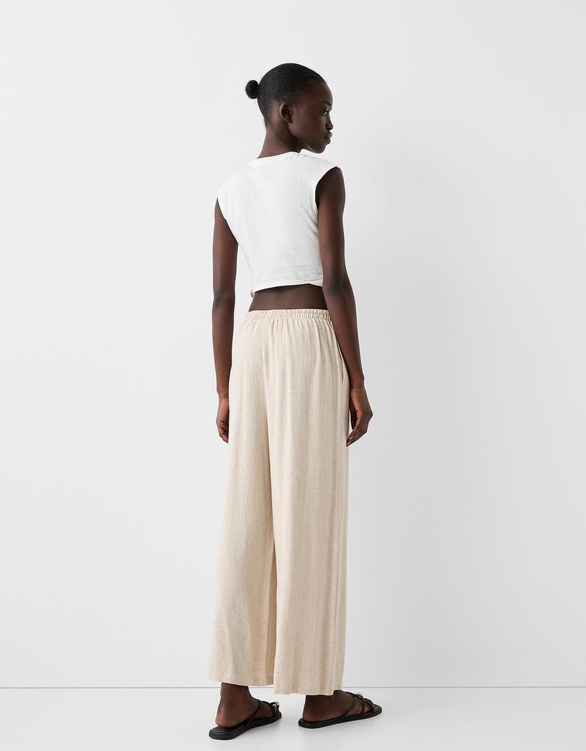 Culottes with linen and an elastic waist-Cream-2