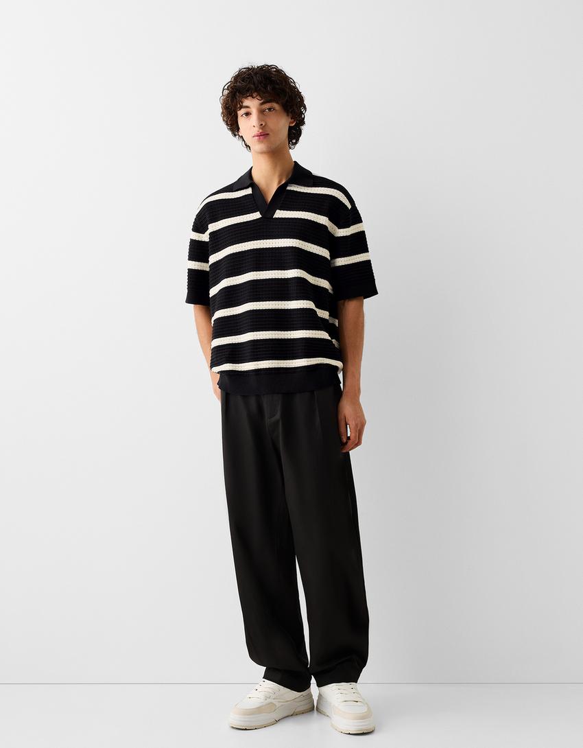 Textured striped short sleeve polo shirt-Black-3