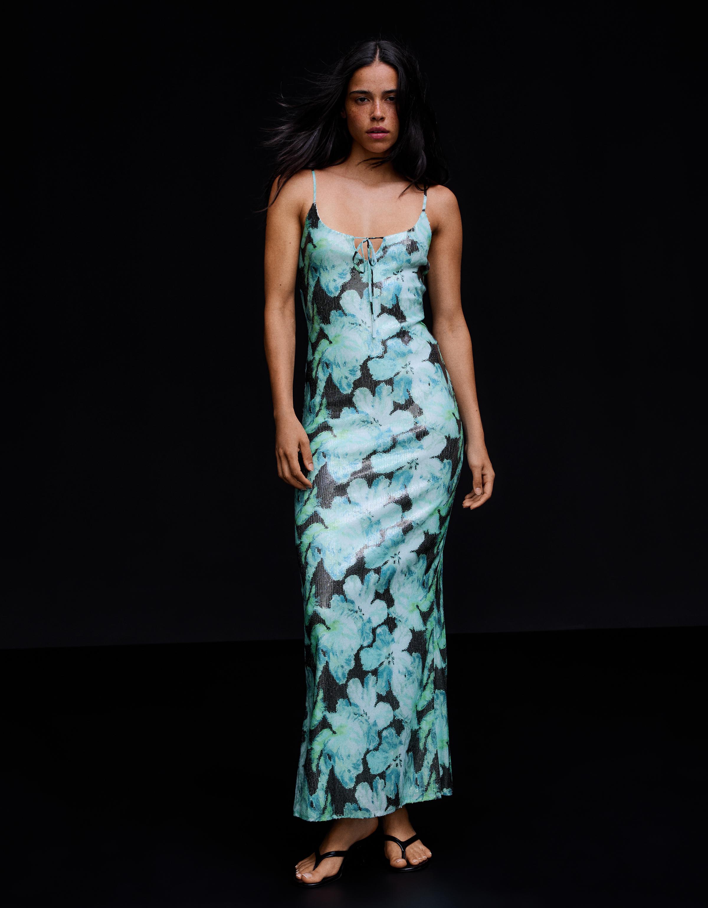 Sequin midi dress with straps — Turquoise