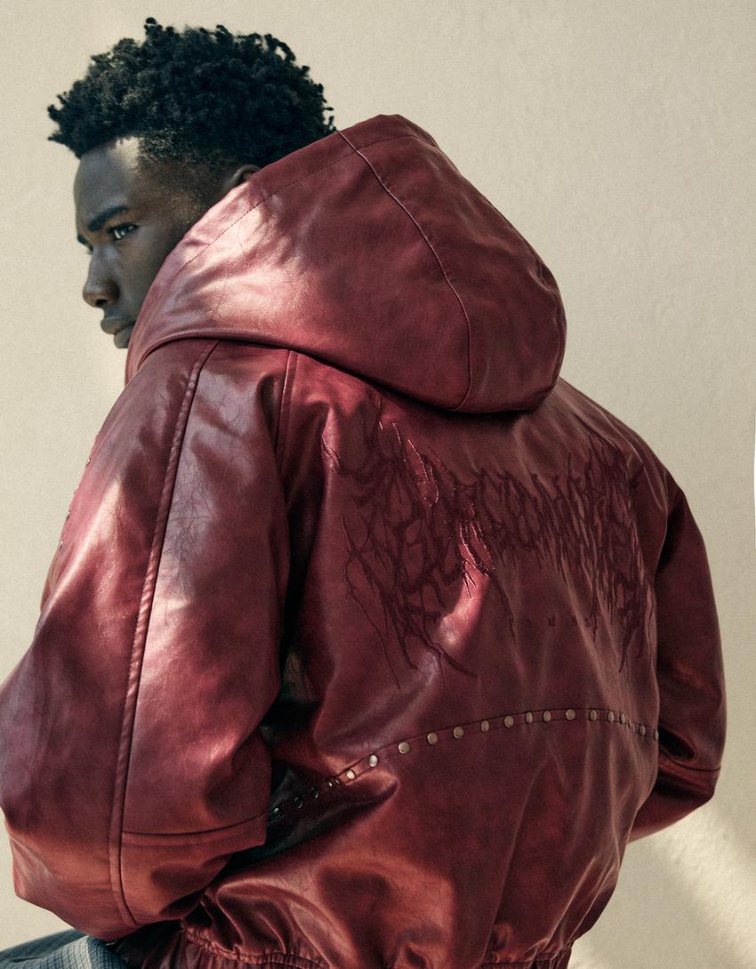 Studded leather effect jacket-Maroon