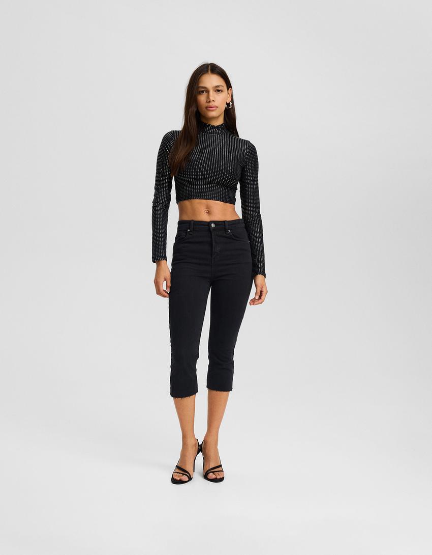 تيشرت لامع بأكمام طويلة وياقة عالية-رمادي-3